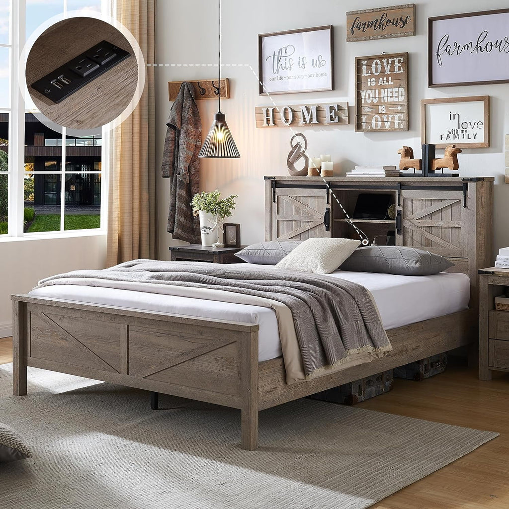 Full Platform Bed with Bookcase Headboard and Charging Station L873