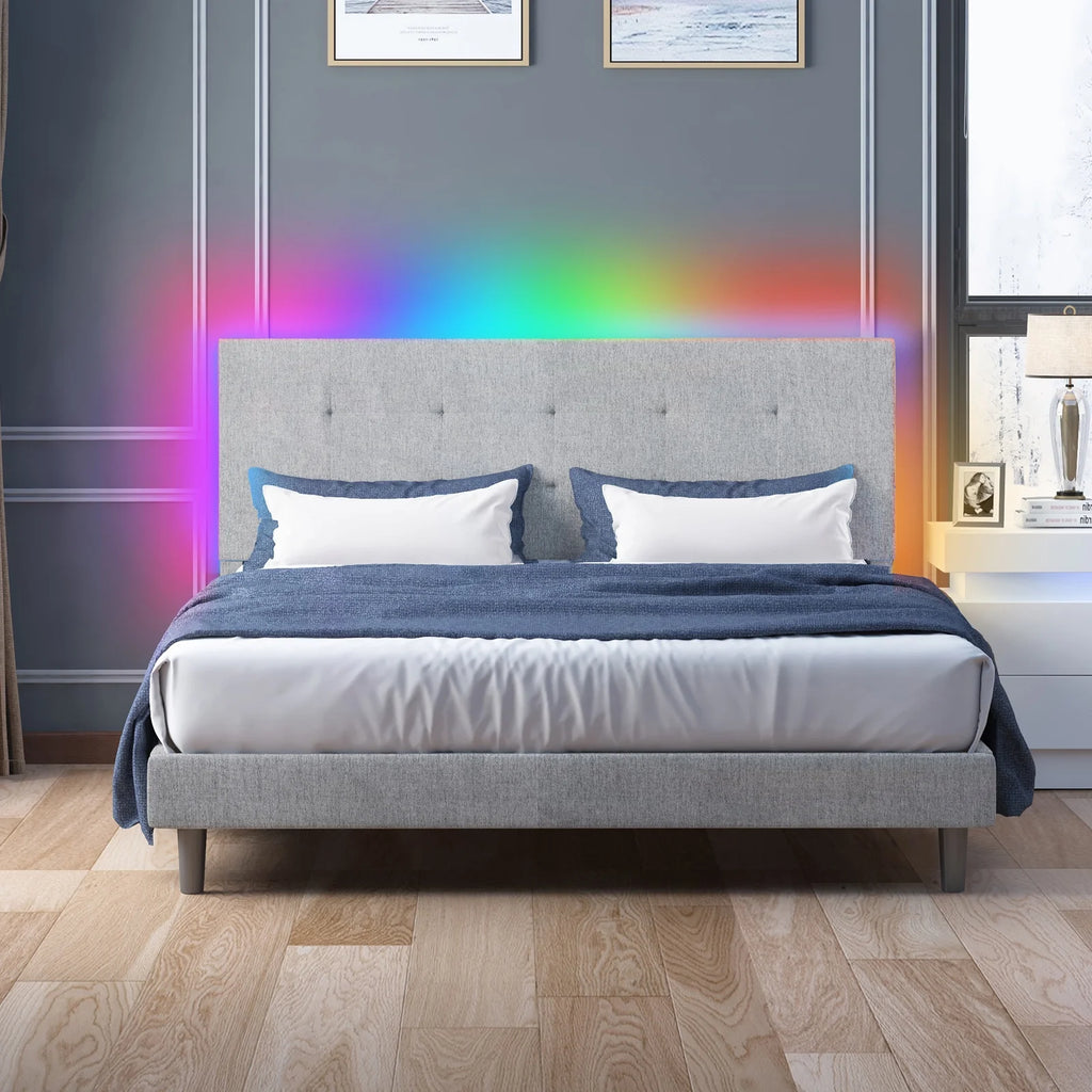 Light Grey Linen Fabric Upholstered Platform Bed with Adjustable Headboard P441697