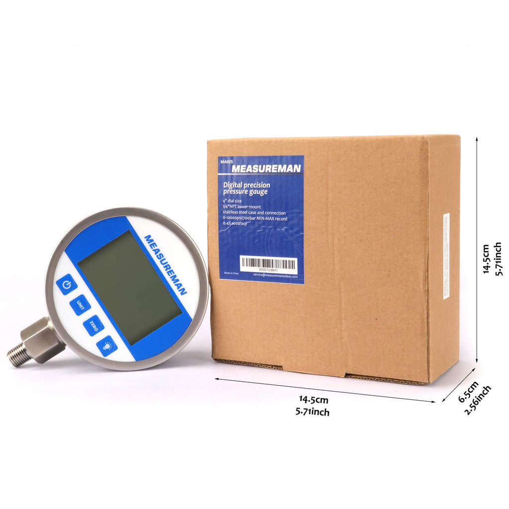 Digital Pressure Gauge 0-10000psi/bar, 1/4NPT, Stainless Steel Case S418
