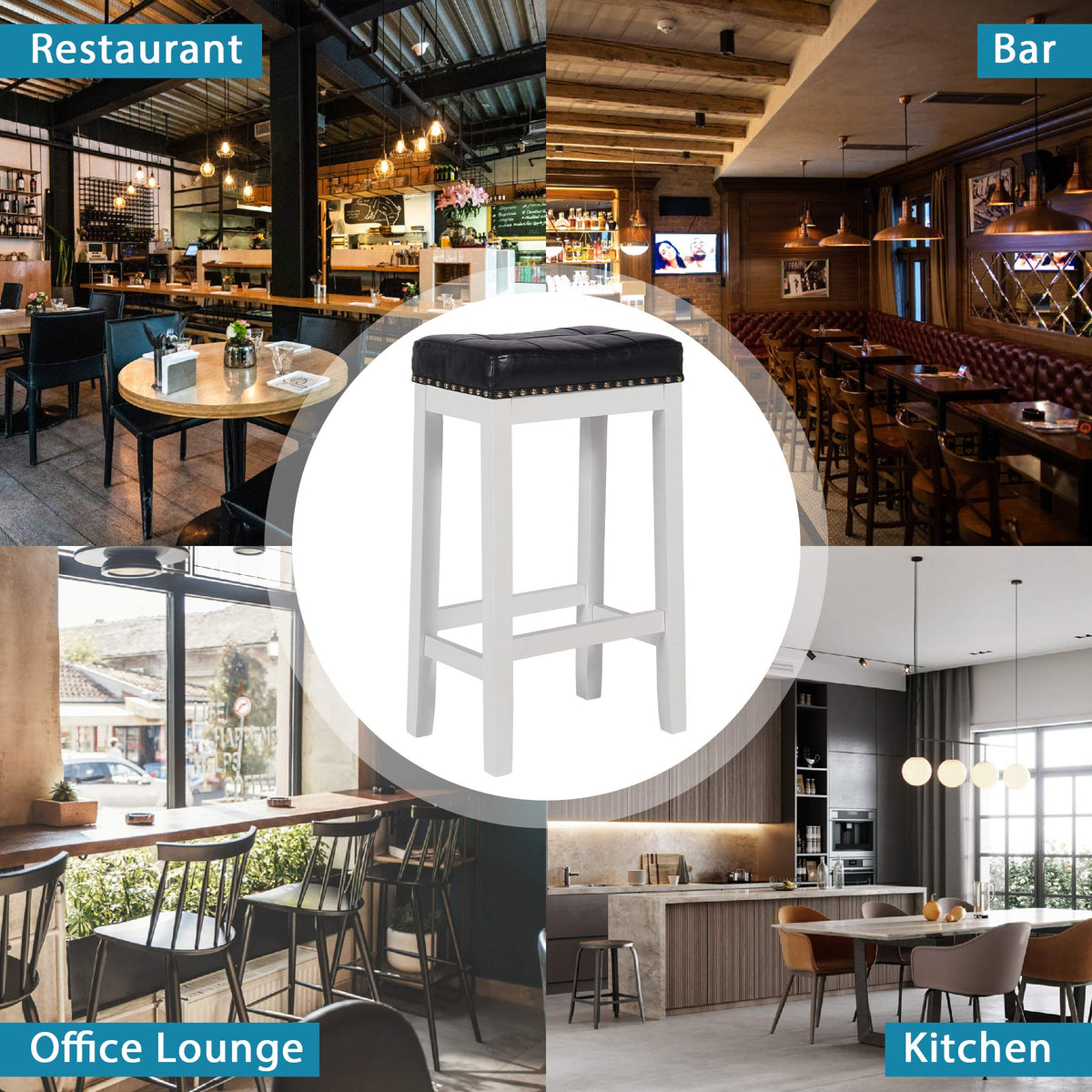 29 Inch Bar Stools Set of 2 PU Leather Solid Wooden Saddle Stool White F9723