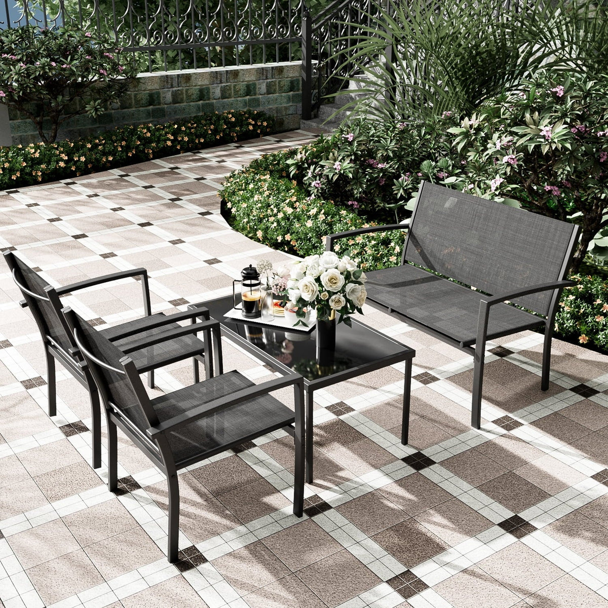 4 Pieces Textilene Steel Outdoor Furniture Set with Loveseat Tea Table T384914