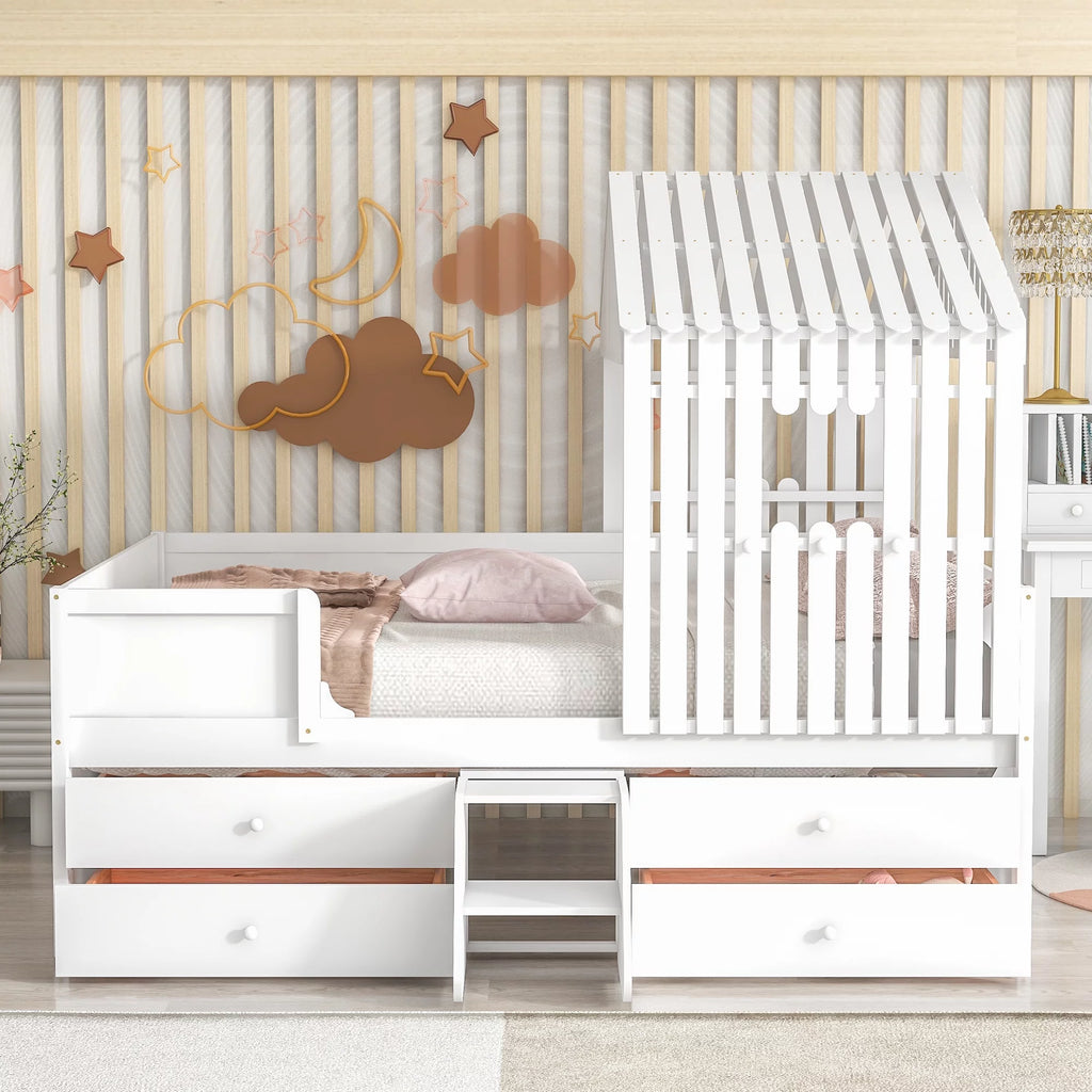 White Full Size Low Loft Bed with 4 Drawers X7243