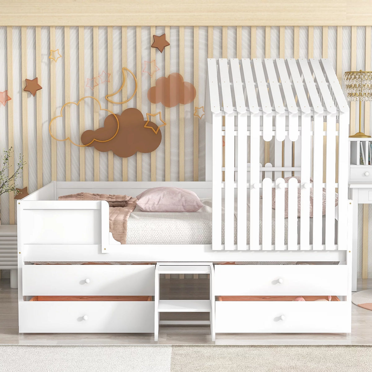 White Full Size Low Loft Bed with 4 Drawers X7243