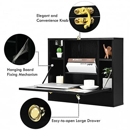 Black Wall Mounted Floating Desk with Drawer & Shelves O8671