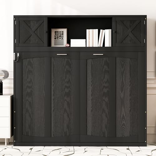 Black Full Horizontal Murphy Bed with Shelves and Storage Bookcase L9237