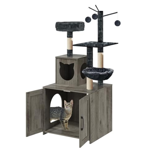 Grey Wood Cat Tree with Litter Box Enclosure R625