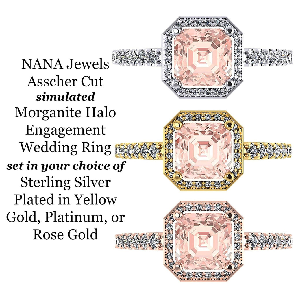 Asscher Cut Simulated Morganite Halo Engagement Ring 2ct Zirconia Sterling Silver Size 4 U9700