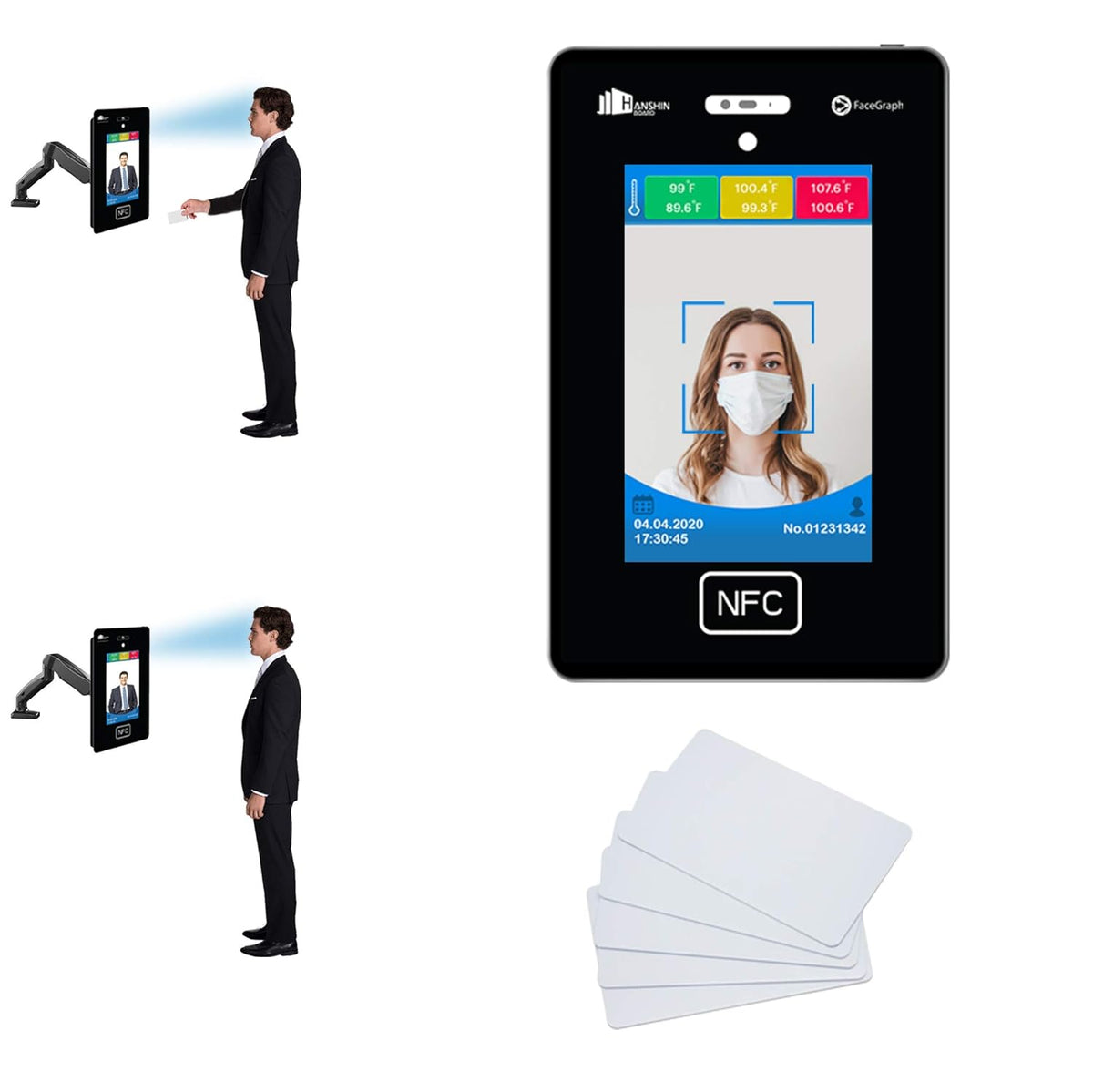 Temperature & Attendance Tracking Scanner Kiosk with Steel Floor Stand and 50 RFID Cards M129759
