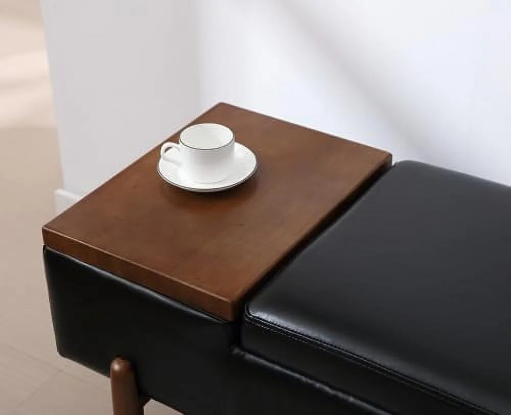 Green Leather Upholstered Ottoman Bench with Wood Shoe Rack B637905