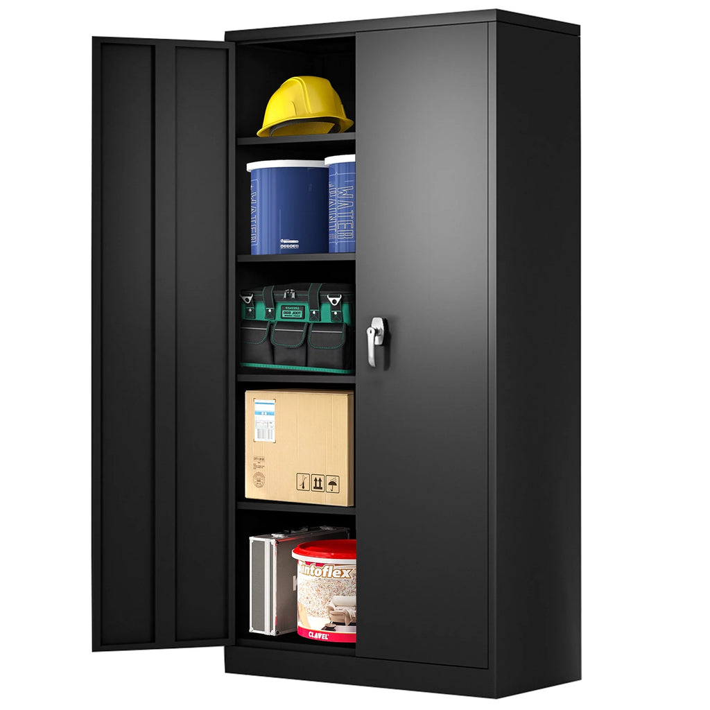 Metal Storage Cabinet with Lock, 4 Adjustable Shelves, 2 Door, Black P84251