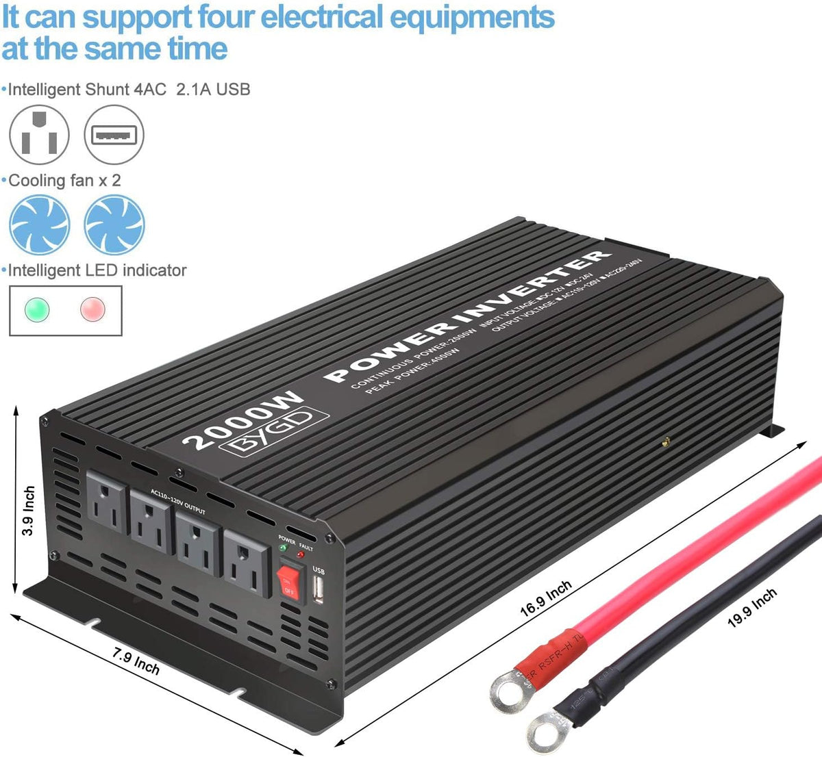 2000W Power Inverter 12V to 110V Modified Sine Wave with 4 AC Outlets N906