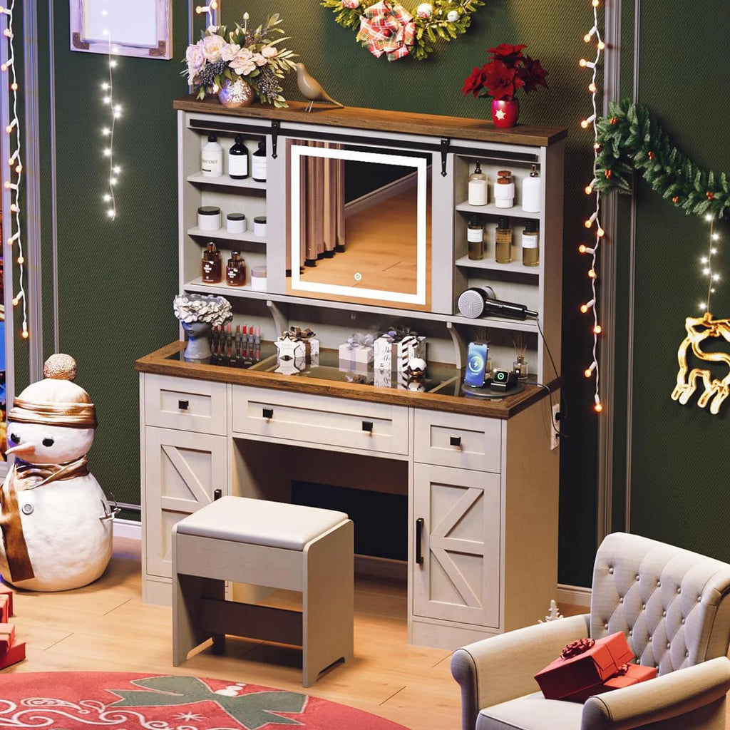 White Vanity Desk with Sliding Mirror and Lights N867