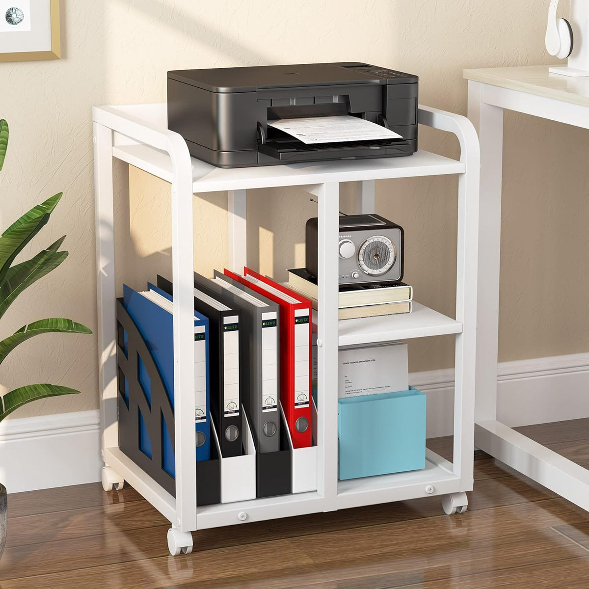3-Tier Wood Rolling Printer Cart with Storage Shelves E861