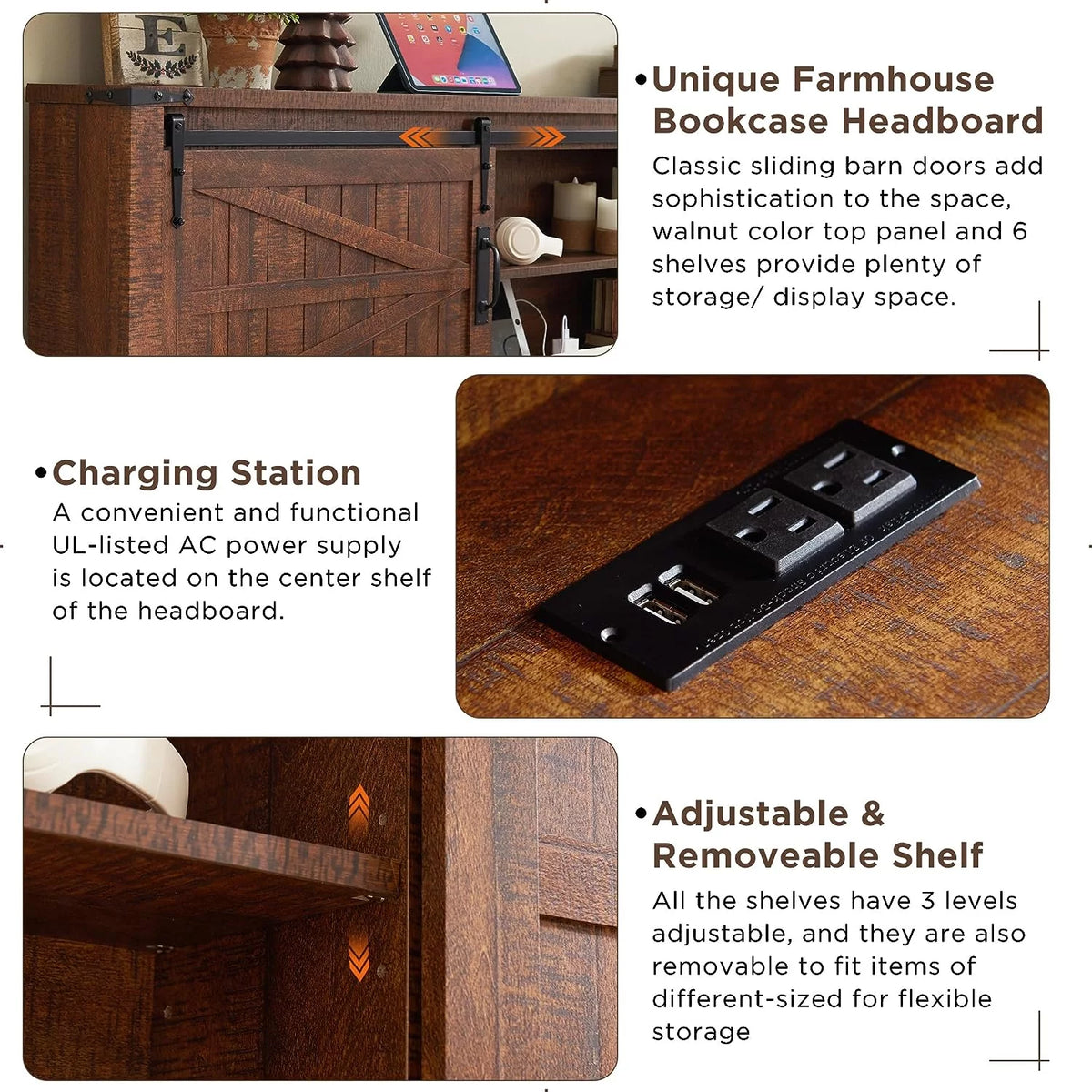 Full Platform Bed with Bookcase Headboard and Charging Station L873