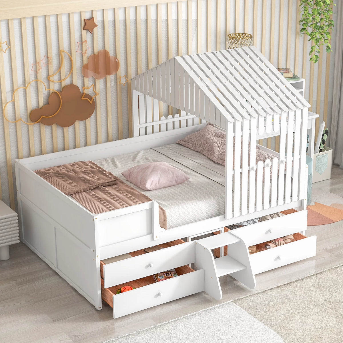 White Full Size Low Loft Bed with 4 Drawers X7243