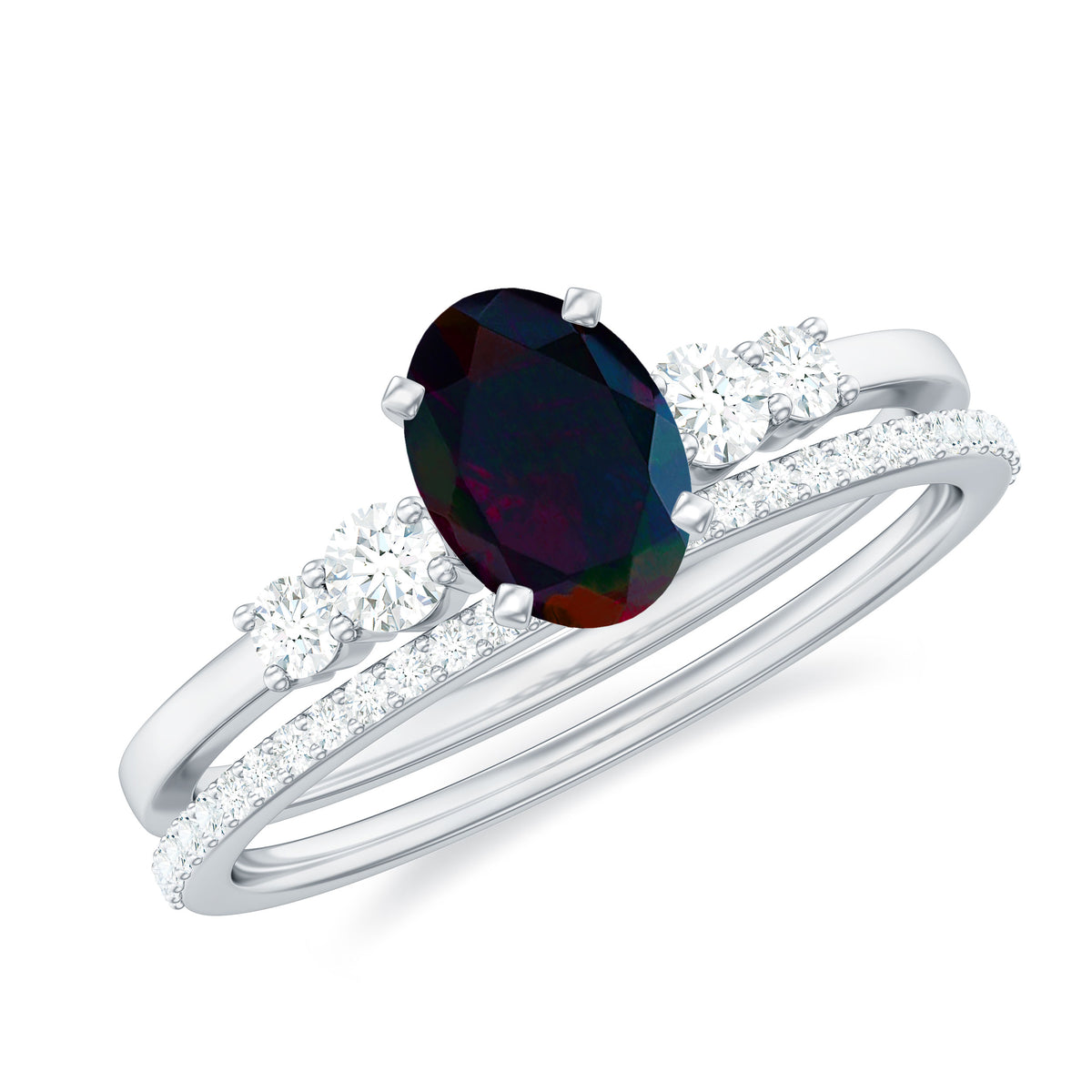 Oval Black Opal Solitaire Ring Set with Diamond, 925 Sterling Silver U538