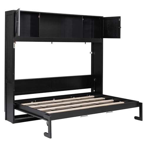 Black Full Horizontal Murphy Bed with Shelves and Storage Bookcase L9237