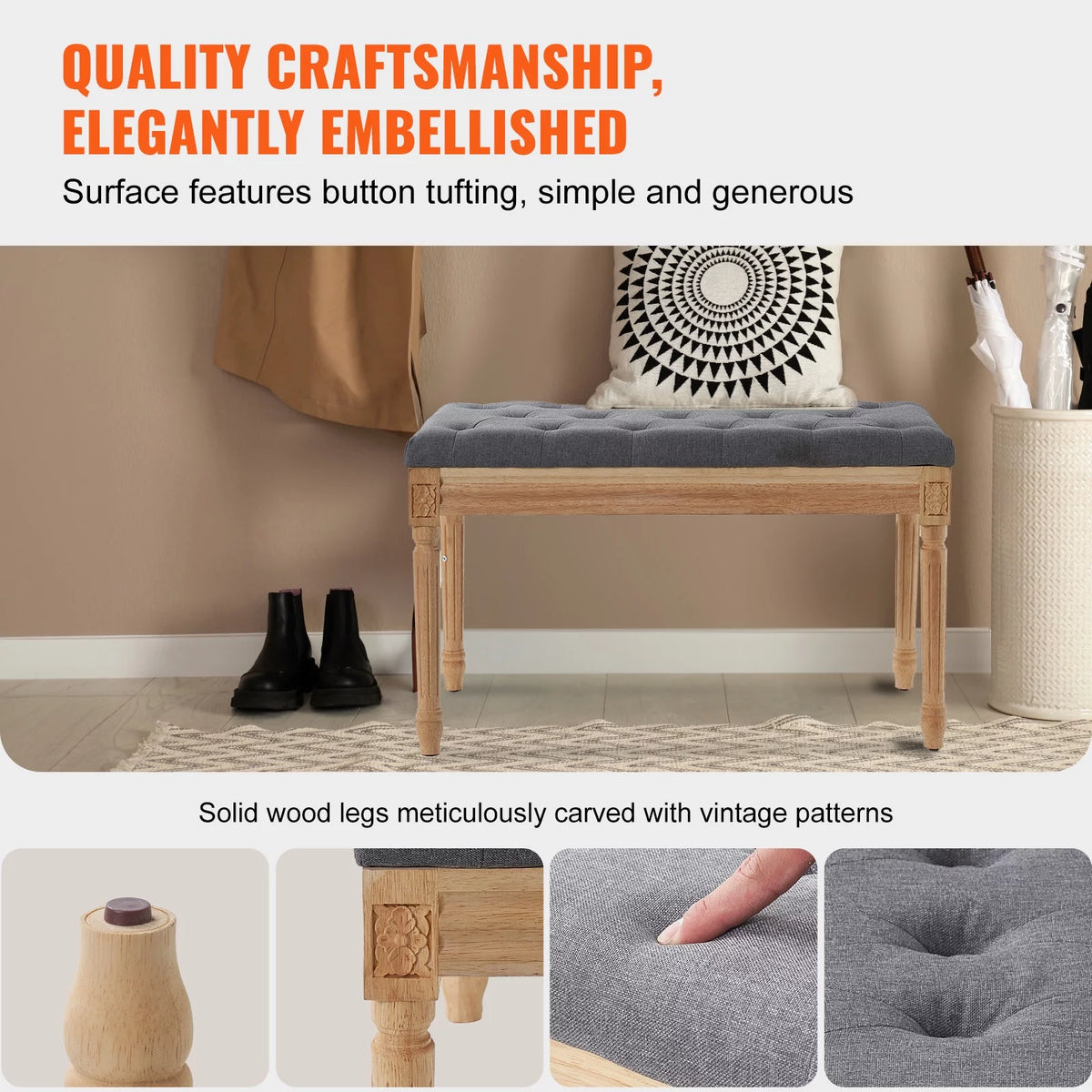 16" Upholstered Ottoman Bench Gray C888415