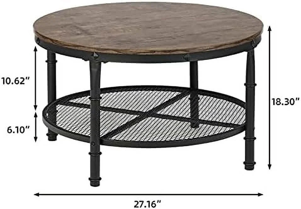 Small Round Coffee Table with Rustic Wood Top & Metal Legs & 2-Tier Grey B184975