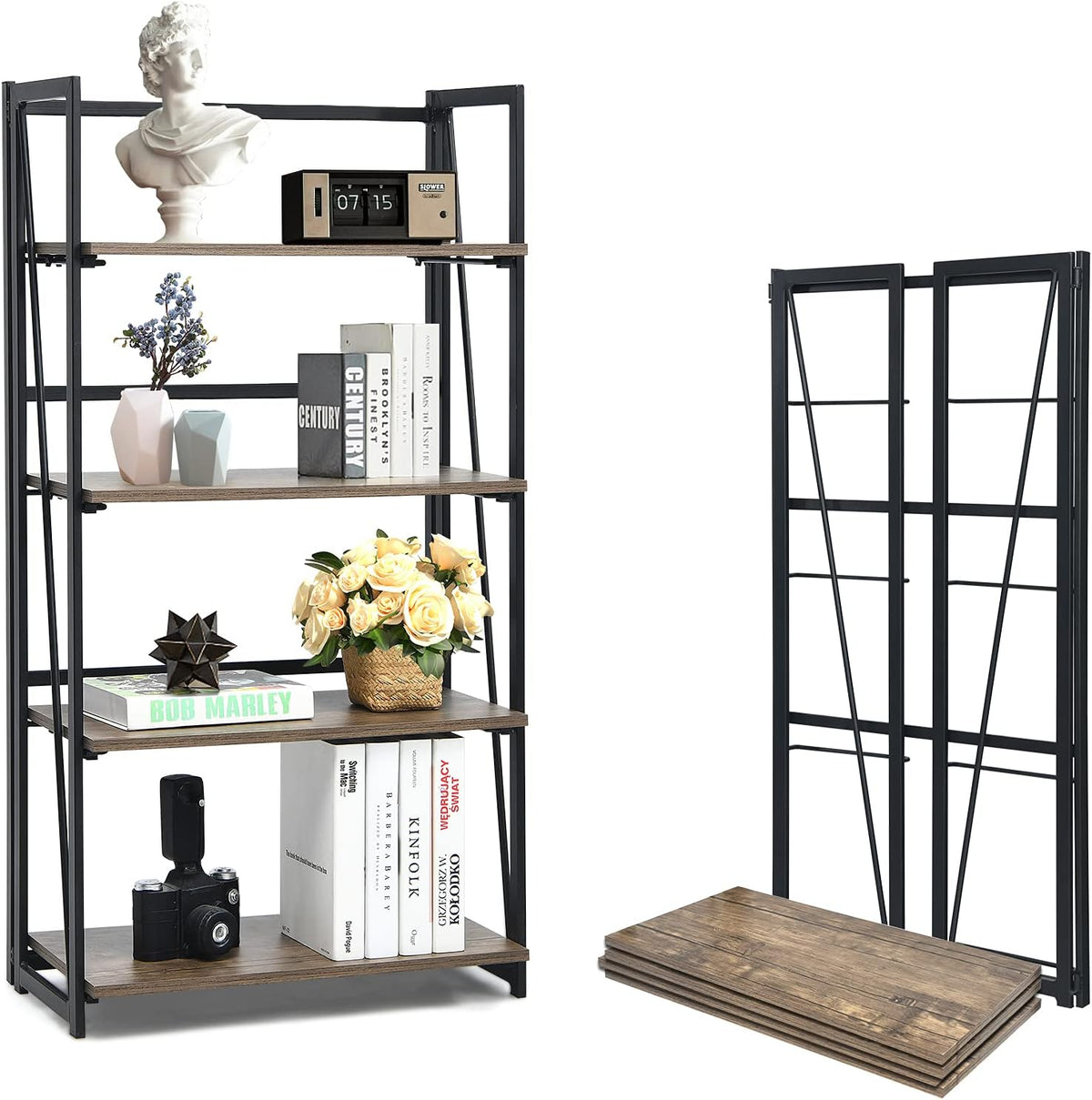 4-Tier Folding Bookshelf with Iron Frame Q9657