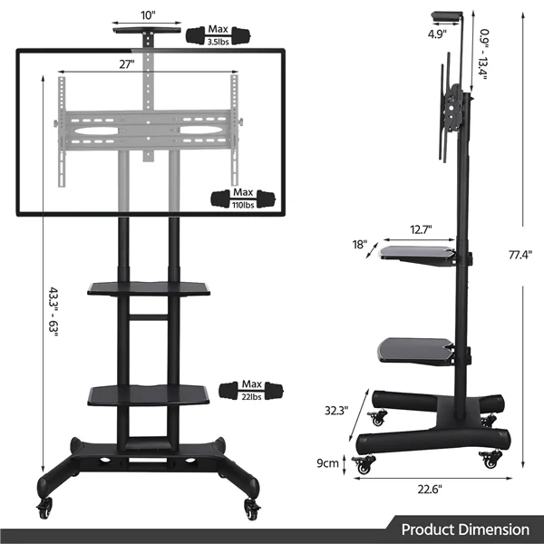 Adjustable 3 Tier Mobile TV Stand Cart Black W907