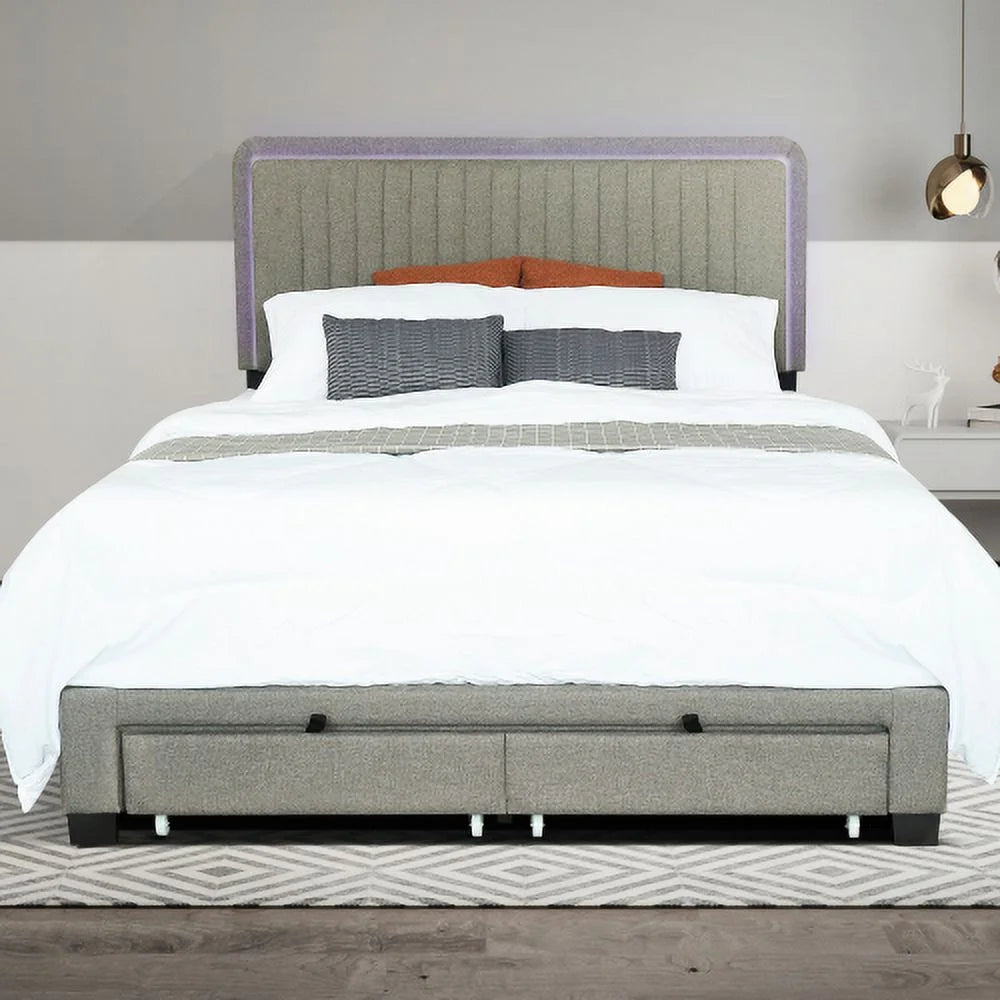 Queen Size Upholstered Bed with Adjustable Height and Footboard Drawers V518441