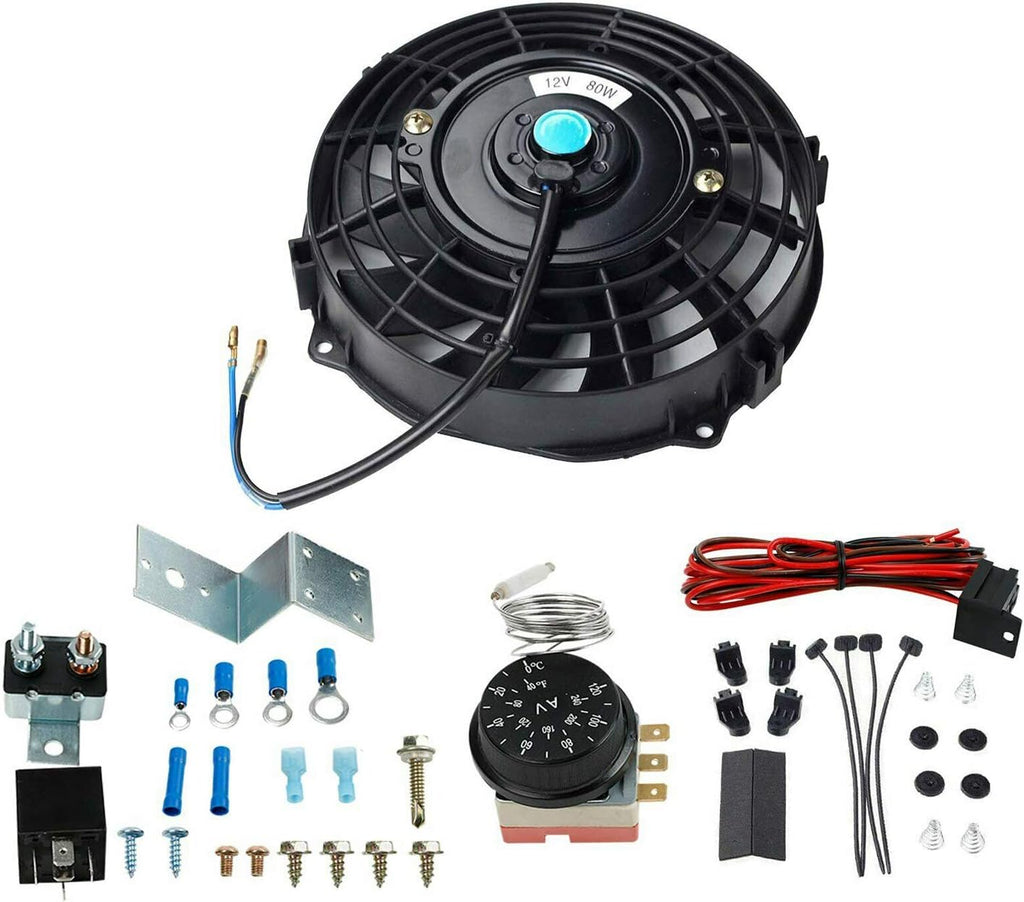 12'' Black Slim Push Pull Electric Radiator Cool Fan 80W +12V Probe Thermostat Control Relay Wire Pack of 2 F213277