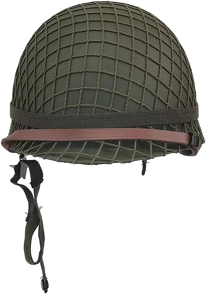 WW2 US Army M1 Helmet Metal Steel Shell Replica with Net Canvas Chin Strap Cat Eye Band K31239