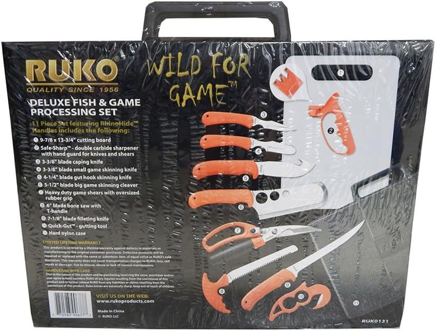 11 Piece Game Processing Set with Orange Handles and Cutting Board Z147