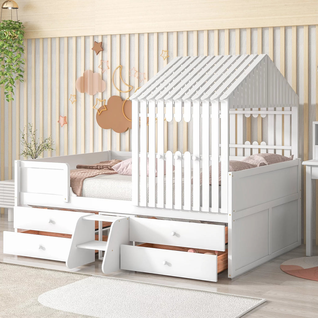 White Full Size Low Loft Bed with 4 Drawers X7243