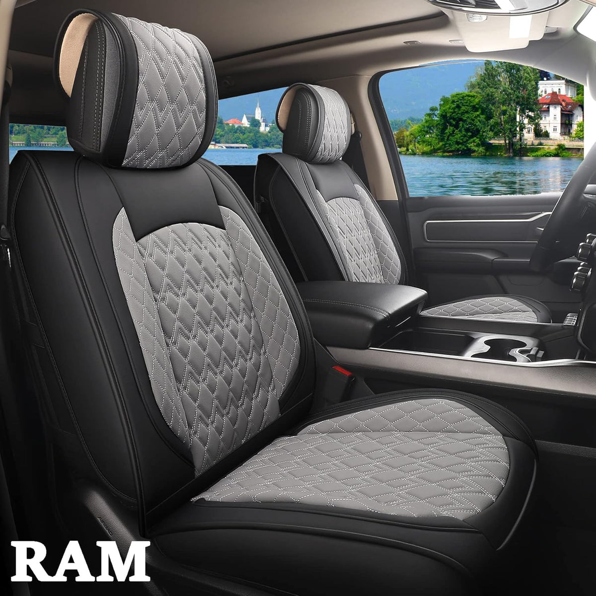 Black-Grey Waterproof Synthetic Leather Seat Covers (5 PCS Full Set) E15894