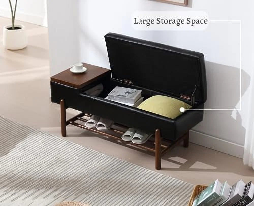 Green Leather Upholstered Ottoman Bench with Wood Shoe Rack B637905