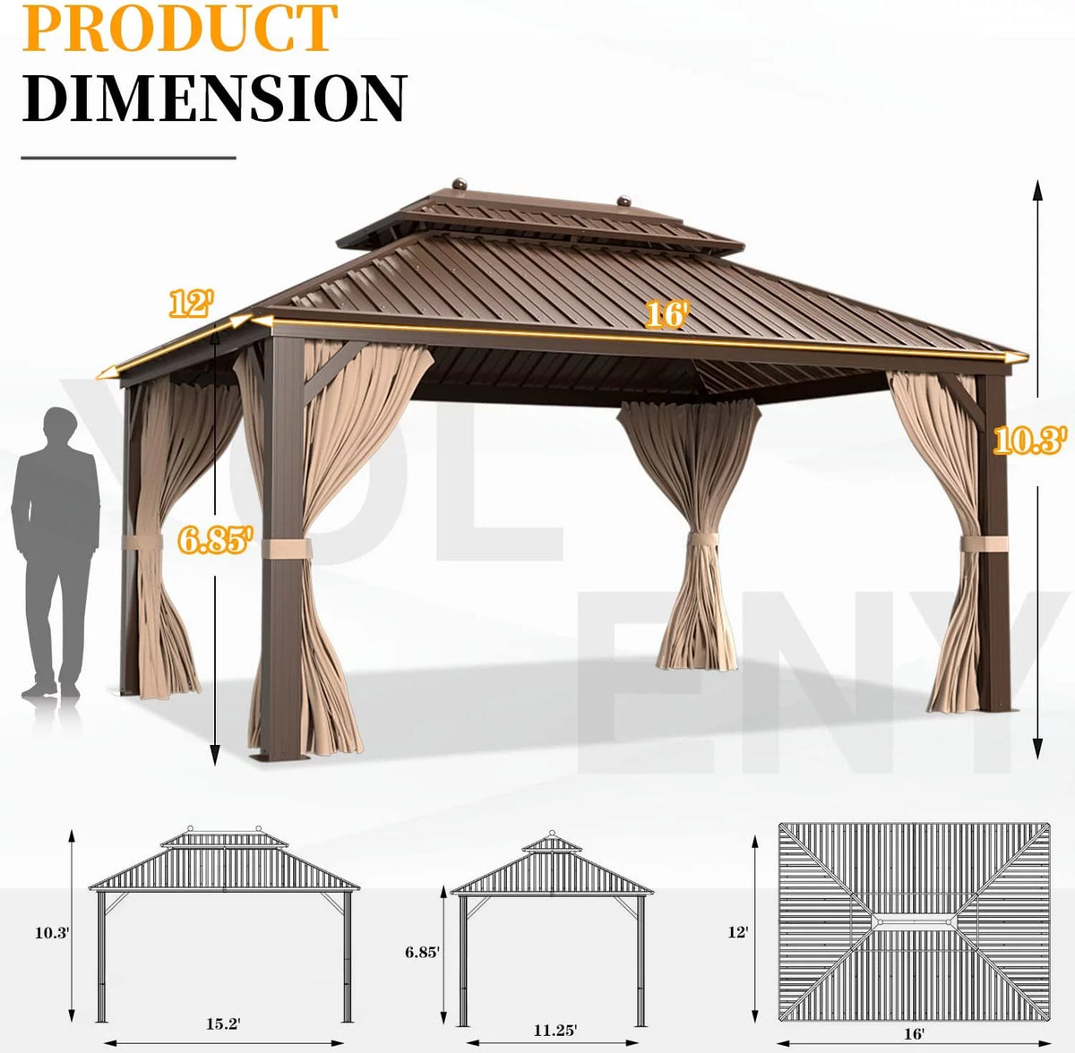 12 ft x 16 ft Brown Steel Hardtop Gazebo T69781