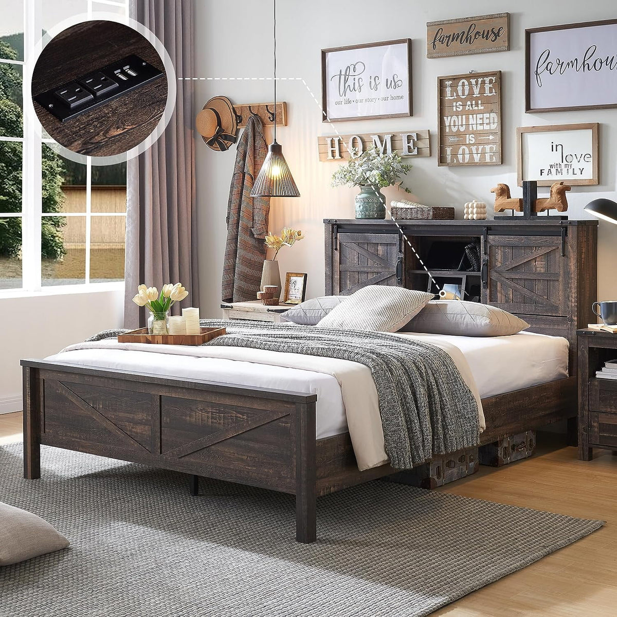 Full Platform Bed with Bookcase Headboard and Charging Station L873