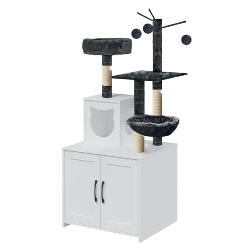 Grey Wood Cat Tree with Litter Box Enclosure R625