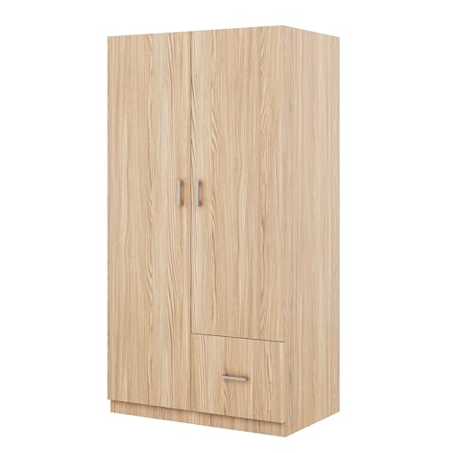 Wooden Armoire with Double Doors and Storage Drawer, 2 Door Wardrobe with 5 Fixed Shelves and Hanging Rod U3433