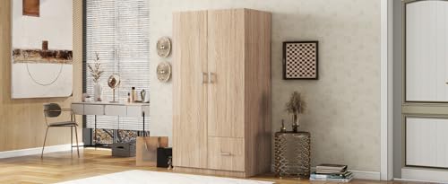 Wooden Armoire with Double Doors and Storage Drawer, 2 Door Wardrobe with 5 Fixed Shelves and Hanging Rod U3433