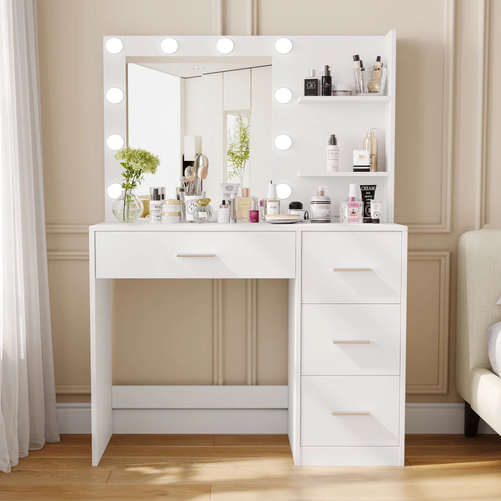 White Makeup Vanity Table with Lighted Mirror and 4 Drawers G532