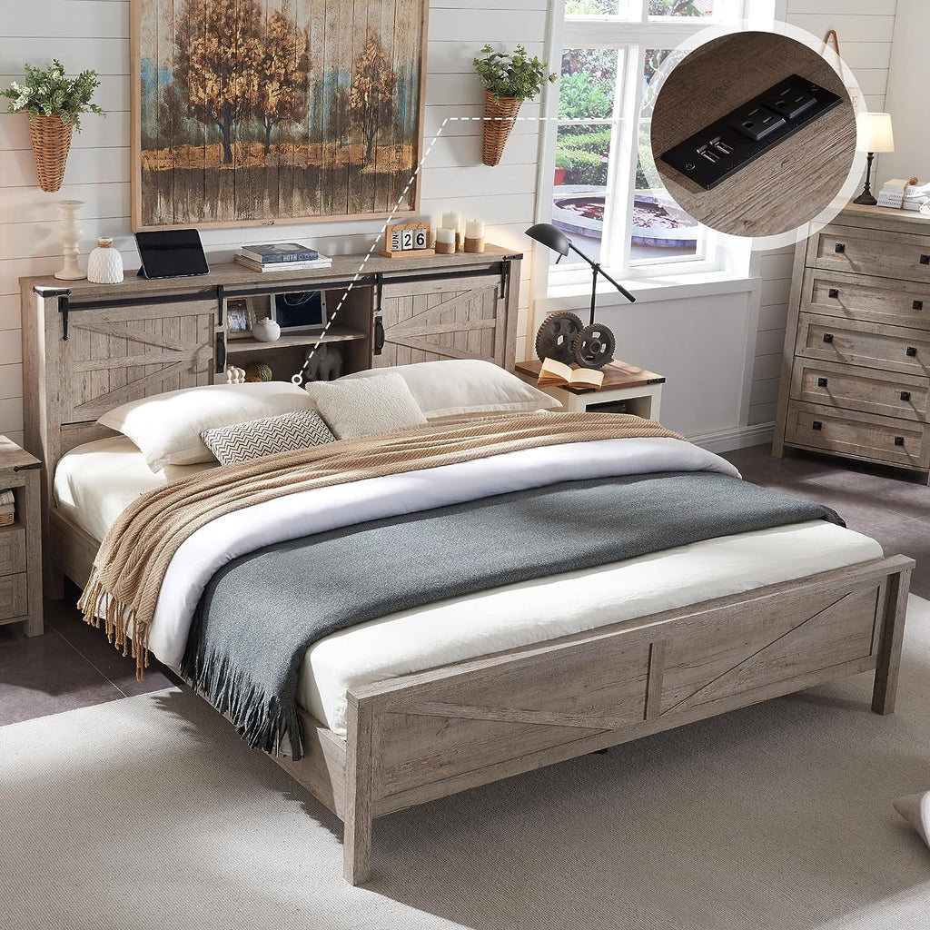 Full Platform Bed with Bookcase Headboard and Charging Station L873