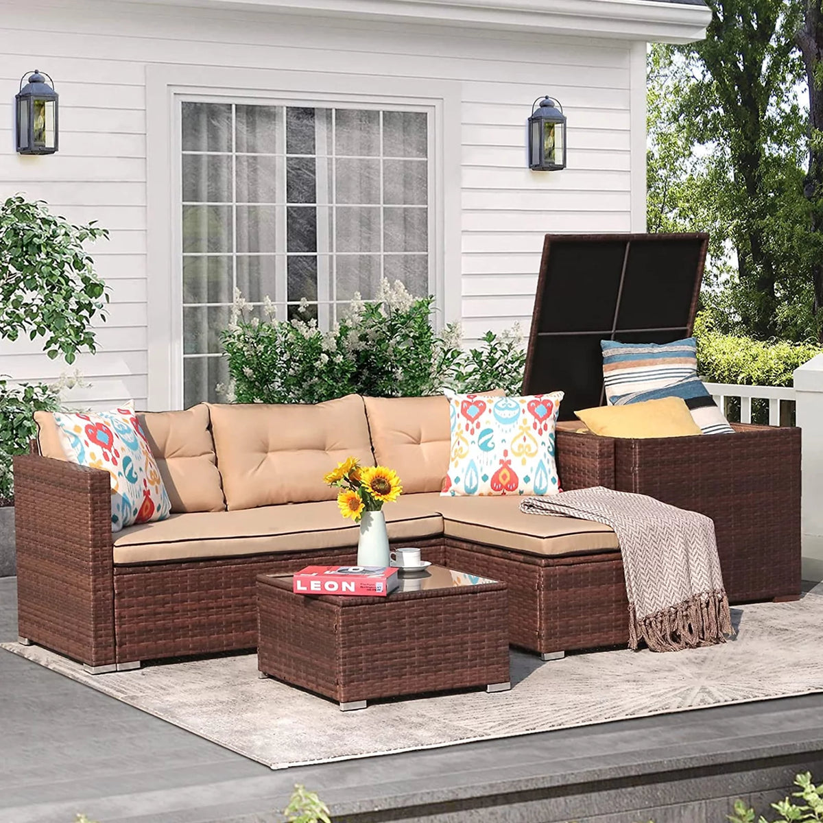 Brown Wicker Patio Sofa Set with Coffee Table V39744