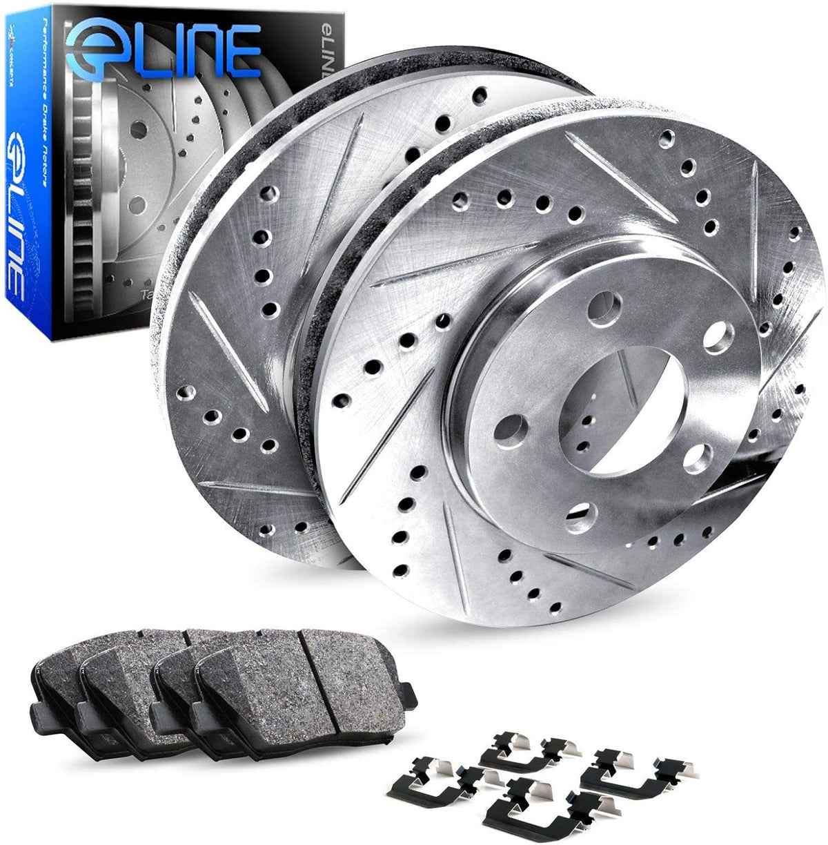 Rear Drilled and Slotted Brake Rotors with Ceramic Brake Pads and Hardware Kit U53583