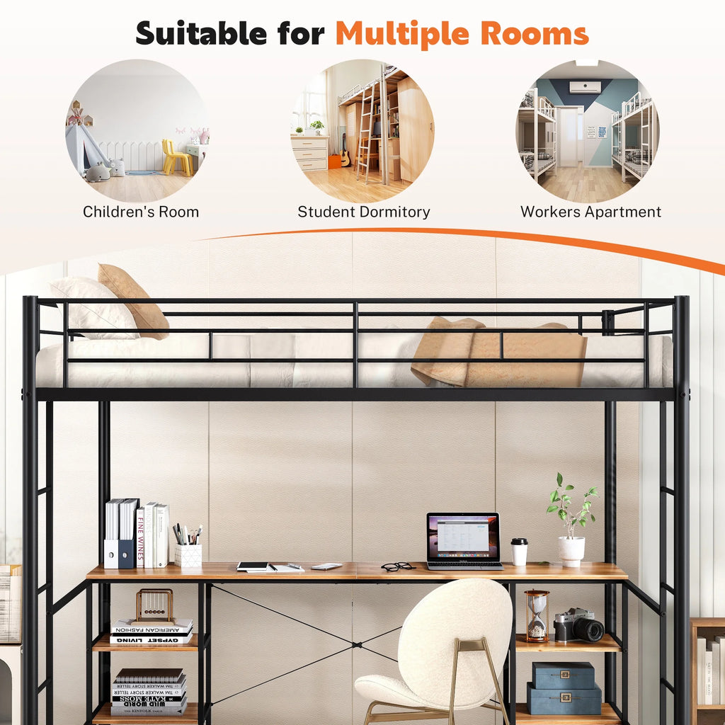 Black Twin Metal Loft Bed with Desk and 4 Shelves X6369
