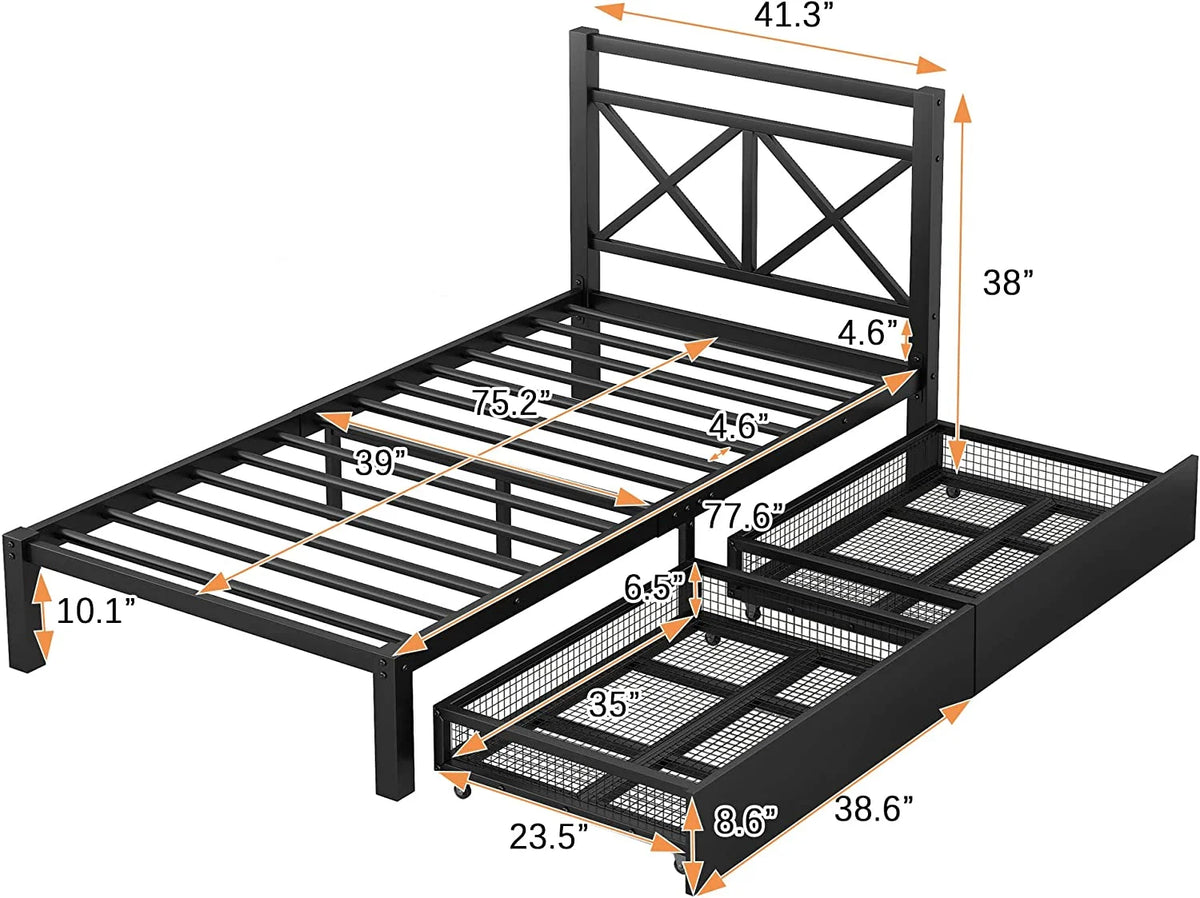 Platform Bed with 2 Storage Drawers Metal Headboard L632718