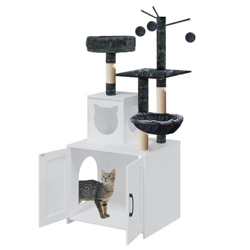 Grey Wood Cat Tree with Litter Box Enclosure R625
