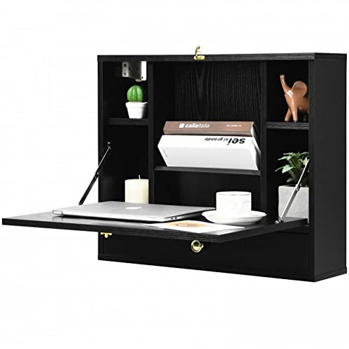 Black Wall Mounted Floating Desk with Drawer & Shelves O8671