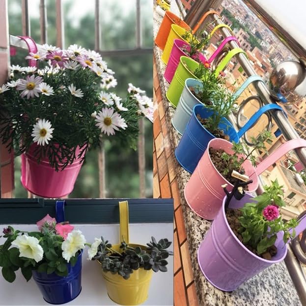 5 Pack Black Metal Hanging Plant Pots with Removable Hooks P8776