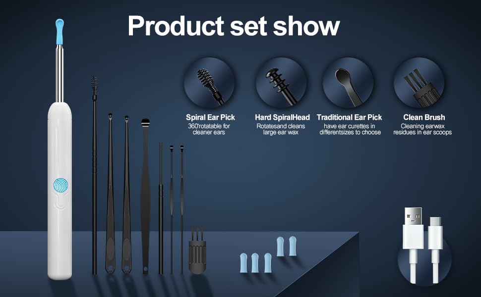 Black Wireless Ear Otoscope with Camera and 8 Pcs Ear Set T2626