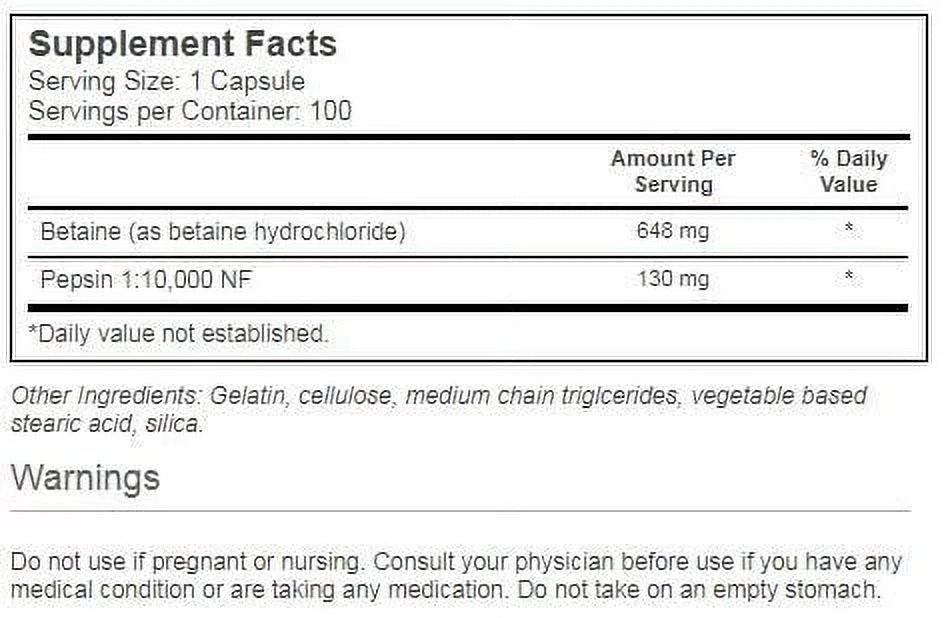 100 Ct Betaine HCl Capsules Y950755