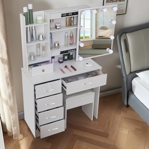 Large Vanity Table with Lights Mirror Storage Drawers Stool I616229