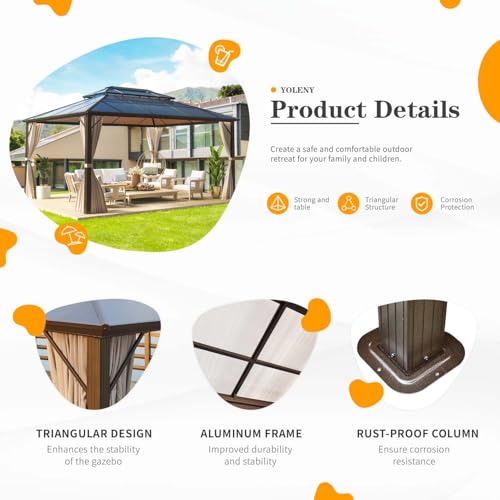 10'x13' Hardtop Gazebo with Curtains and Netting D589112